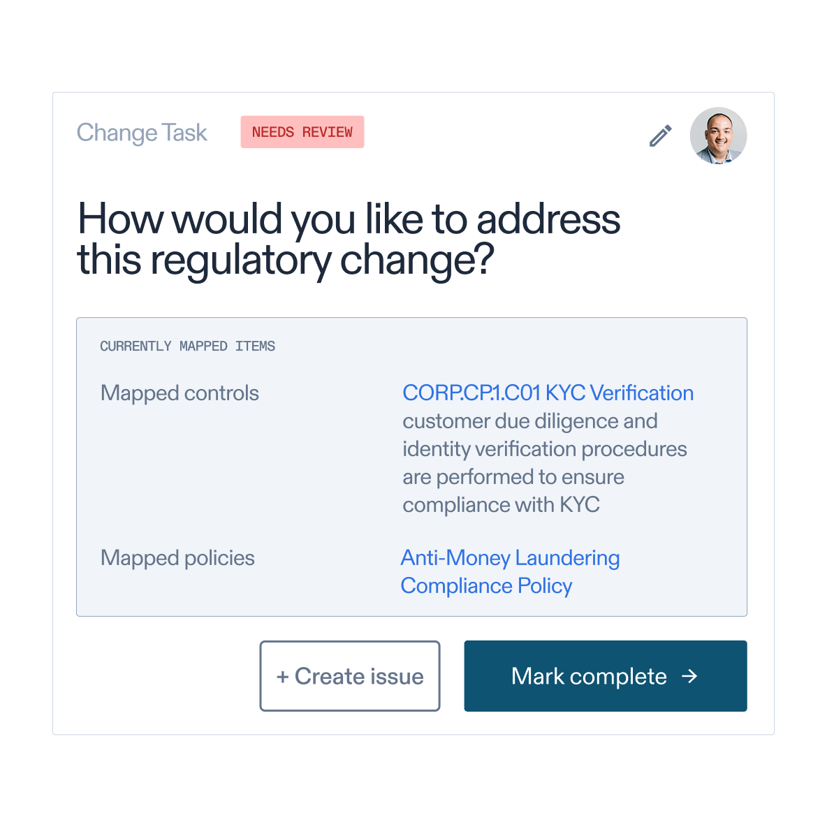 Regulatory change management overview with mapped controls and policies